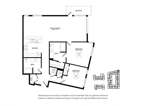 Floor plan for 2 beds, 2 baths, 1434 sqft